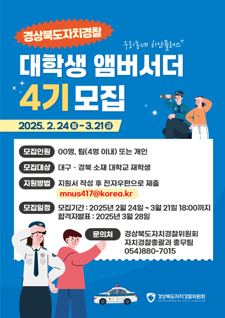 경상북도자치경찰 대학생 앰버서더 4기 모집 (우리동네치안플러스) 2025.2.24(월) ~ 3.21(금) / 모집인원 : 00명, 팀(4명 이내) 또는 개인 / 모집대상 : 대구ㆍ경북 소재 대학교 재학생 / 지원방법 : 지원서 작성 후 전자우편으로 제출 mnus417@korea.kr / 모집일정 : 모집기간 : 2025년 2월 24일 ~ 3월 21일 18:00까지, 합격자발표 : 2025년 3월 28일 / 문의처 : 경상북도자치경찰위원회 자치경찰총괄과 총무팀 054)880-7015 (경상북도자치경찰위원회)