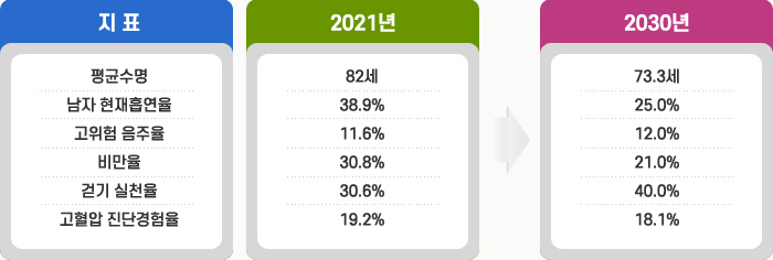 평균수명지표 : 2021년 82세, 2030년 73.3세; 남자 현재흡연율지표 : 2021년 38.9%, 2030년 25.0% ; 고위험 음주율지표 : 2021년 11.6%, 2030년 12.0% ; 비만율지표 : 2021년 30.8%, 2030년 21.0% ; 걷기실천율지표 : 2021년 30.6%, 2030년 40.0% ; 고혈압진단경험율지표 : 2021년 19.2%, 2030년 18.1%
