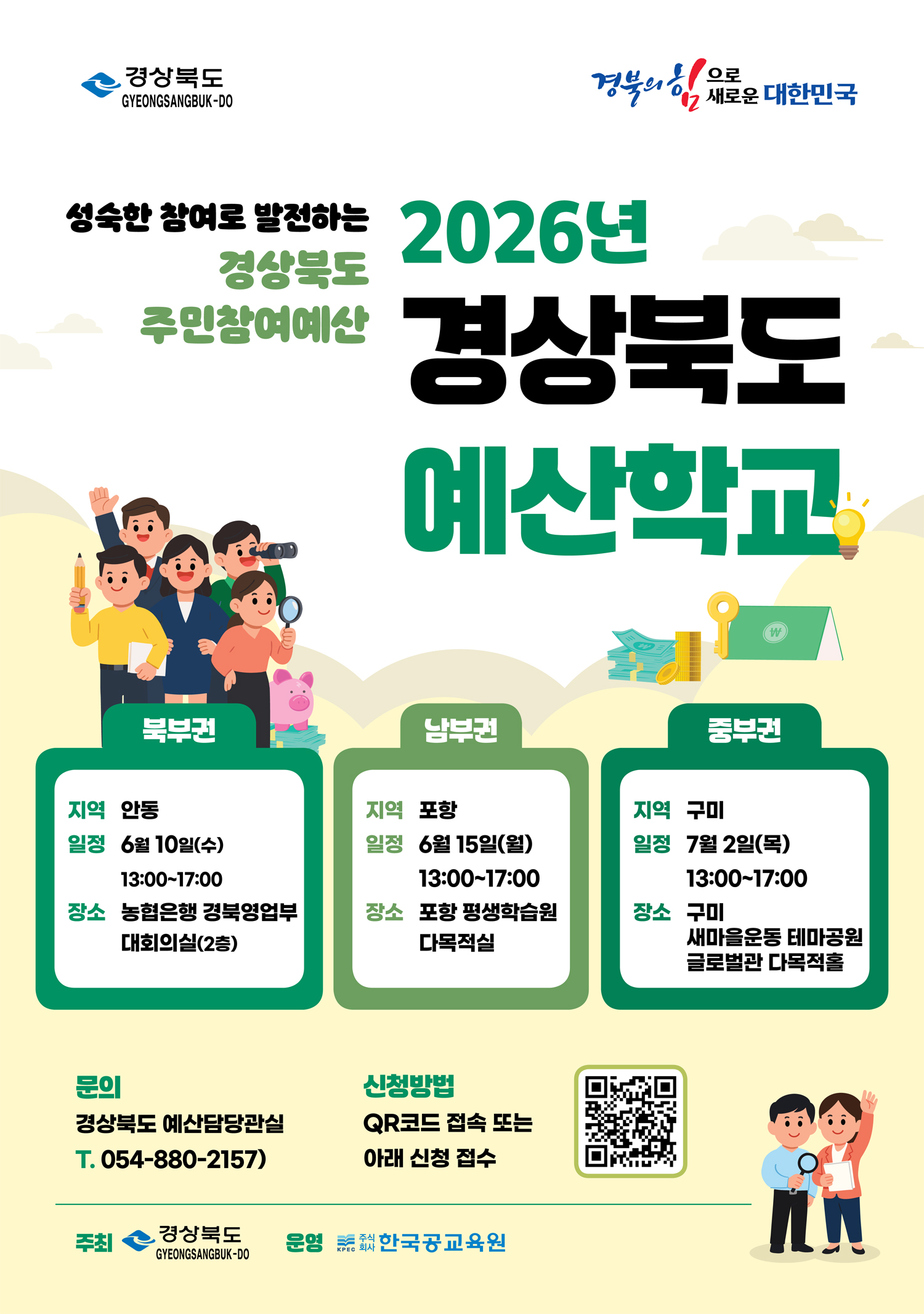 2026년 경상북도 주민참여예산 예산학교 개최 안내 포스터입니다. 상단에는 '성숙한 참여로 발전하는 경상북도 주민참여예산'이라는 문구와 함께 지역별 교육 일정이 안내되어 있습니다. 
 
교육은 총 3개 권역에서 오후 1시부터 5시까지 진행됩니다. 6월 10일 수요일에는 안동 농협은행 경북영업부 대회의실에서 북부권 교육이, 6월 15일 월요일에는 포항 평생학습원 다목적실에서 남부권 교육이, 7월 2일 목요일에는 구미 새마을운동 테마공원 글로벌관 다목적홀에서 중부권 교육이 각각 열립니다. 
 
신청은 포스터 하단의 QR코드 접속을 통해 가능하며, 자세한 문의는 경상북도 예산담당관실(054-880-2157)로 하면 됩니다. 이 행사는 경상북도가 주최하고 주식회사 한국공교육원이 운영합니다. 포스터 곳곳에는 예산과 참여를 상징하는 시민 일러스트와 전구, 동전 저금통 아이콘이 포함되어 있습니다.