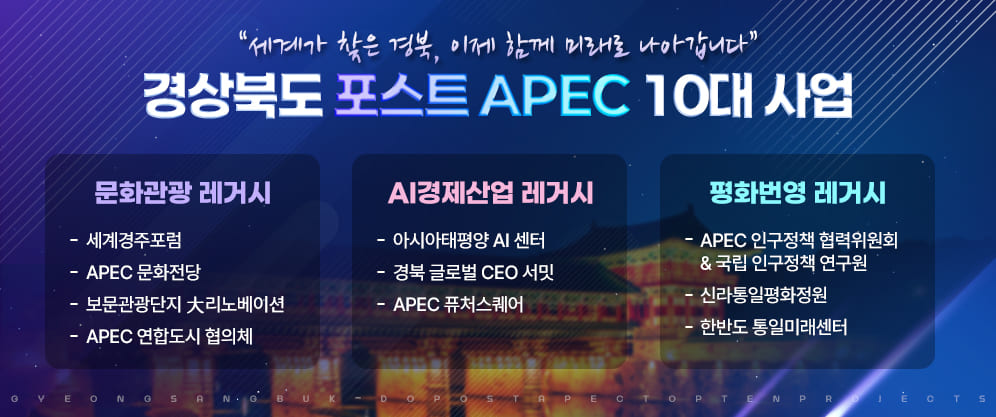 세계가 찾은 경북, 이제 함께 미래로 나아갑니다. 경상북도 포스트 APEC 10대 사업 - 문화관광 레거시 : 세계경주포럼, APEC 문화전당, 보문관광단지 大리노베이션, APEC 연합도시 협의체 / AI경제산업 레거시 : 아시아태평양 AI 센터, 경북 글로벌 CEO 서밋, APEC 퓨처스퀘어 / 평화번영 레거시 : APEC 인구정책 협력위원회 & 국립 인구정책 연구원, 신라통일평화정원, 한반도 통일미래센터